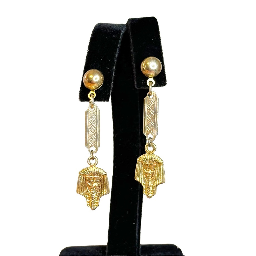 Vintage Egyptian Revival Pharaoh Gold Tone Pierced Drop Earrings